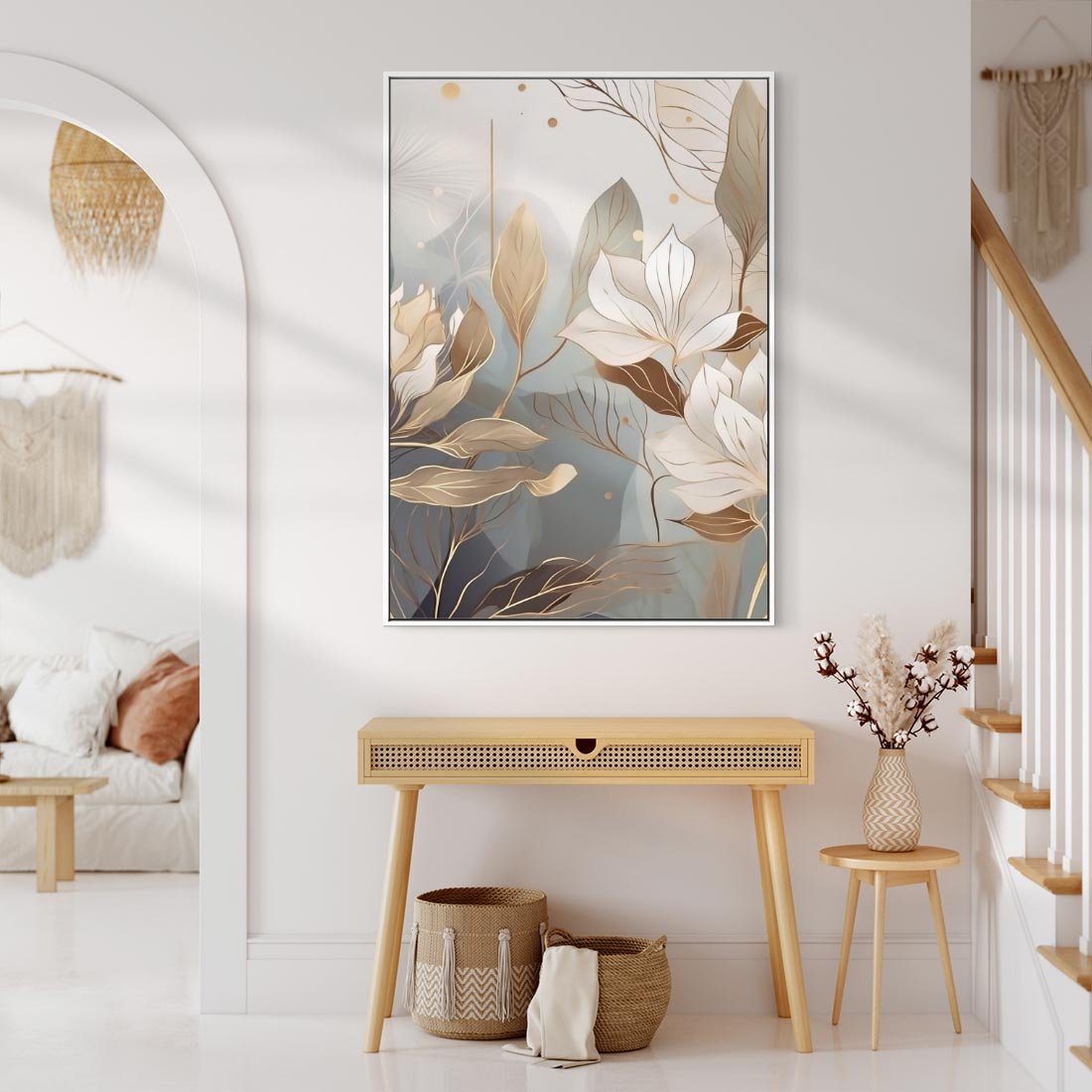 Obraz w ramie 70x100 - Ekspresjonistyczny deszcz uczuć - grafika, złote kwiaty - rama biała