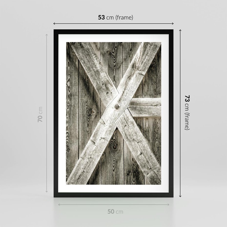 Plakat w ramie 50x70 - Drewniane Drzwi do Stodoły - stare drzwi do stodoły, drewniane - rama czarna