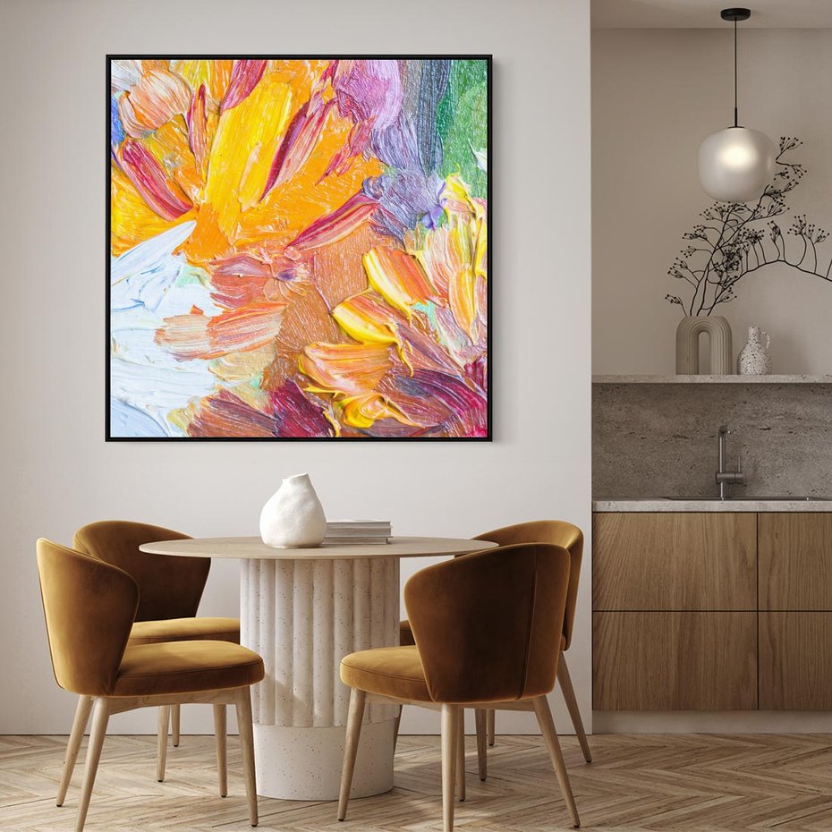 Obraz w ramie 50x50 - Kwiatowe Harmonie - zbliżenie na obraz olejny, gruba warstwa farby - rama czarna