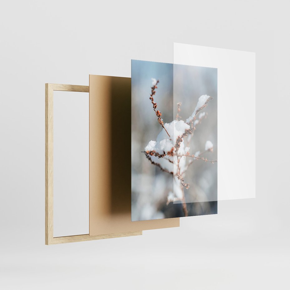 Zestaw obrazy w ramie 30x40 galeria - Zima, w, górach, gałązki - rama drewno