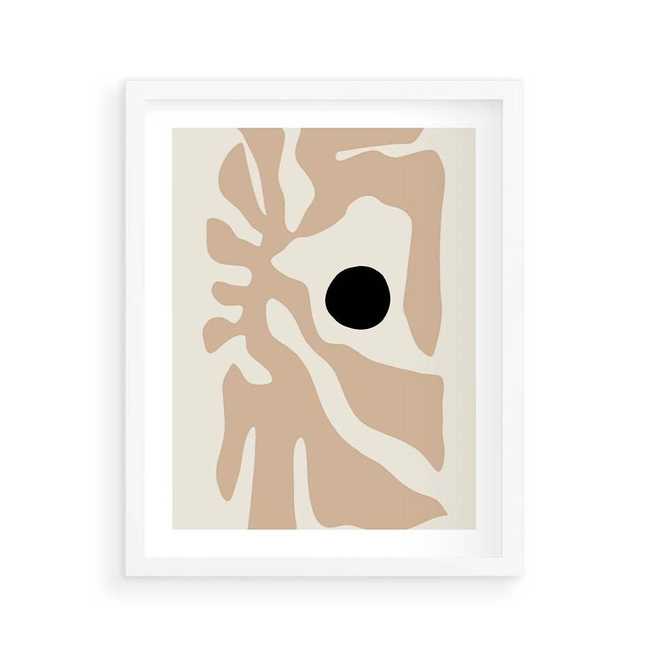 Plakat w ramie 40x50 - Eksploracja Abstrakcji - beżowa absrakcyjna kompozycja, czarny akcent - rama biała