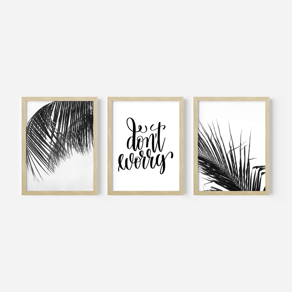 Zestaw obrazy w ramie 40x50 galeria - Palmy, liście, cytat, napis - rama drewno