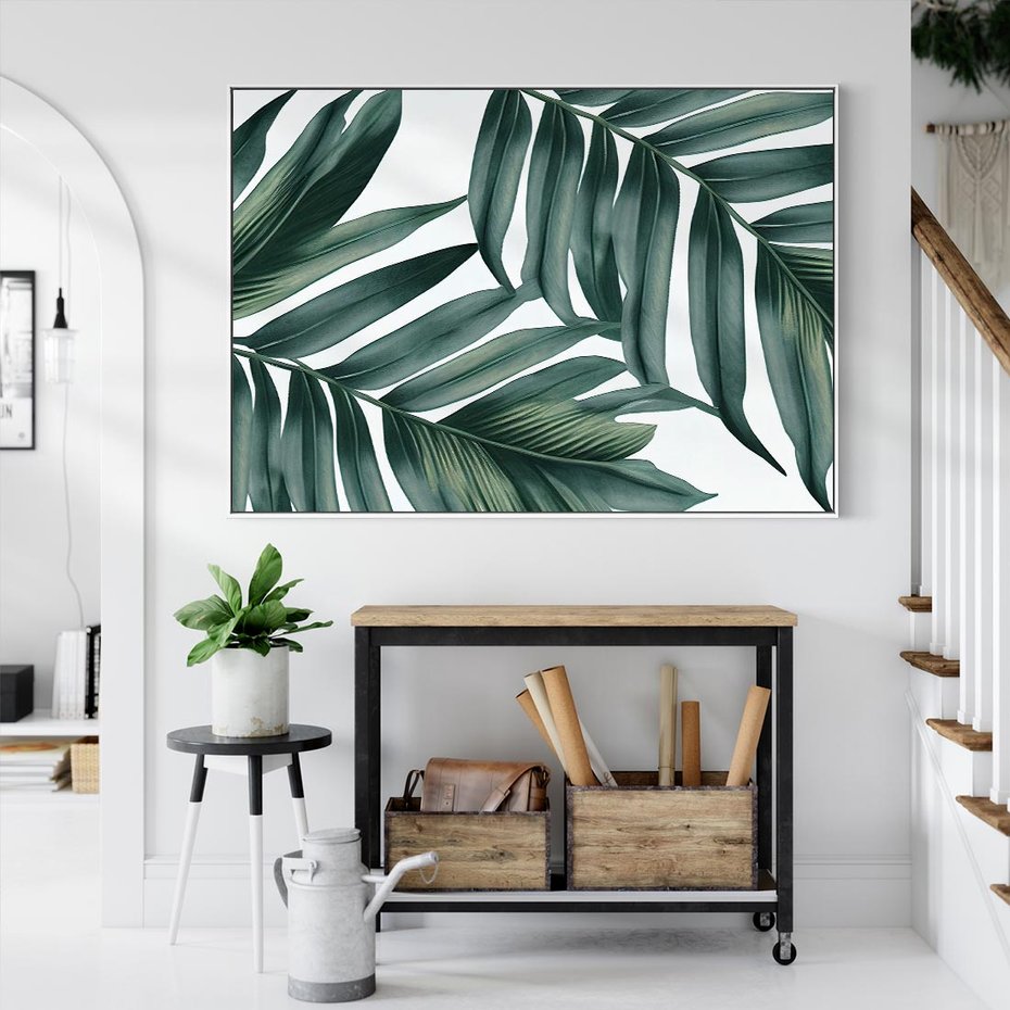 Obraz w ramie 120x80 - Ruchome liście czasu - liście palmy, tropikalne - rama biała