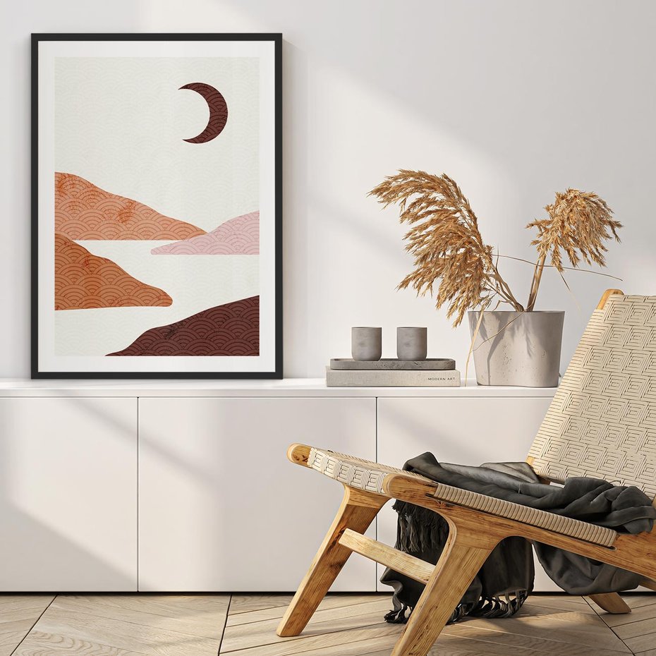 Plakat w ramie 30x40 - Księżycowa Refleksja - nowoczesna sztuka, góry - rama czarna