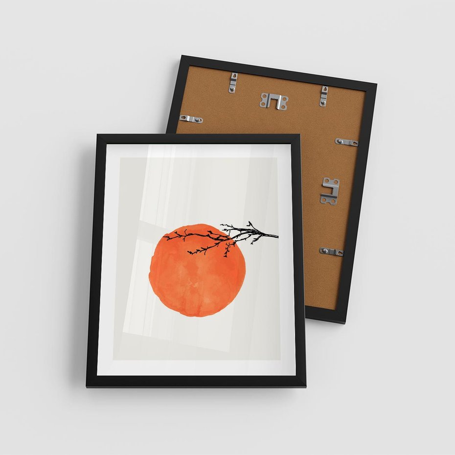 Plakat w ramie 40x50 - Słońce i Gałązka - pomarańczowe słońce, gałązka - rama czarna