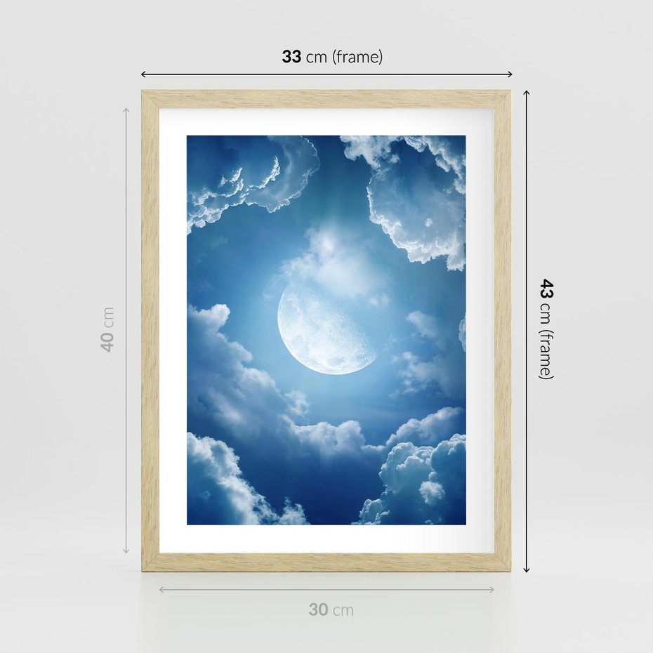 Plakat w ramie 30x40 - Księżycowe Chmury - księżyc, chmury - rama drewno