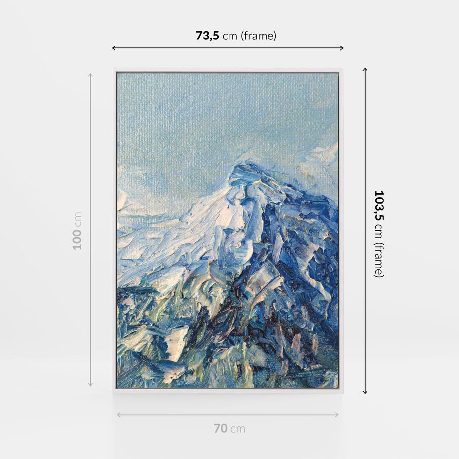 Obraz w ramie 70x100 - Majestat Błękitnych Szczytów - olejny obraz, górski pejzaż - rama biała