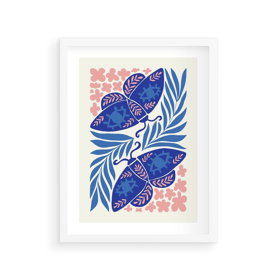 Plakat w ramie 30x40 - Migotliwa Rzeczywistość - ćmy, kwiaty - rama biała