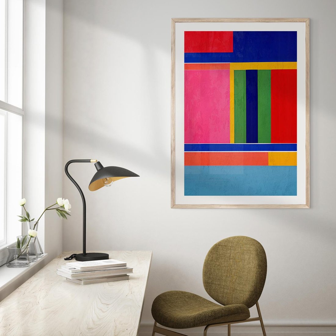 Plakat w ramie 50x70 - Wnętrza Rozplątanych Barw - abstrakcyjny geometryczny obraz olejny, kolorowe pasy - rama drewno