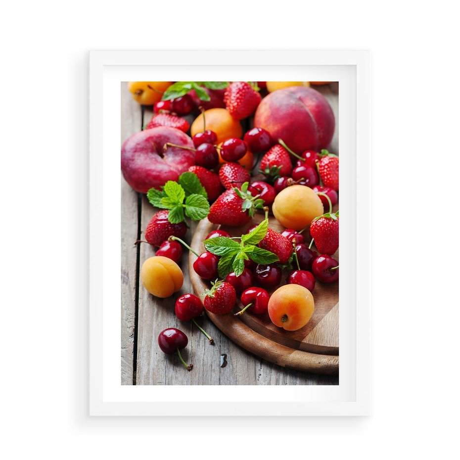 Plakat w ramie 50x70 - Owoce w restauracji artystycznie - owoce, restauracja - rama biała