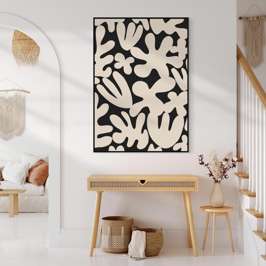 Obraz w ramie 50x70 - Księga Ukrytych Widoków - abstrakcyjne czarno białe formy, minimalizm - rama czarna