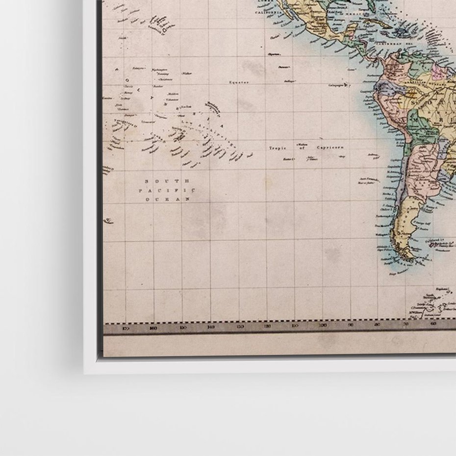 Obraz w ramie 70x50 - Światło Przeszłości - retro mapa świata, mapa - rama biała