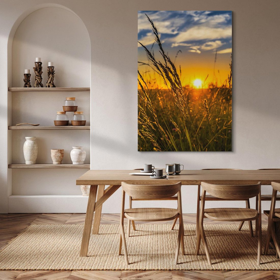 Obraz na płótnie 50x70 - "Zachód Słońca, Łąka - Magiczna Aura - zachód, słońca