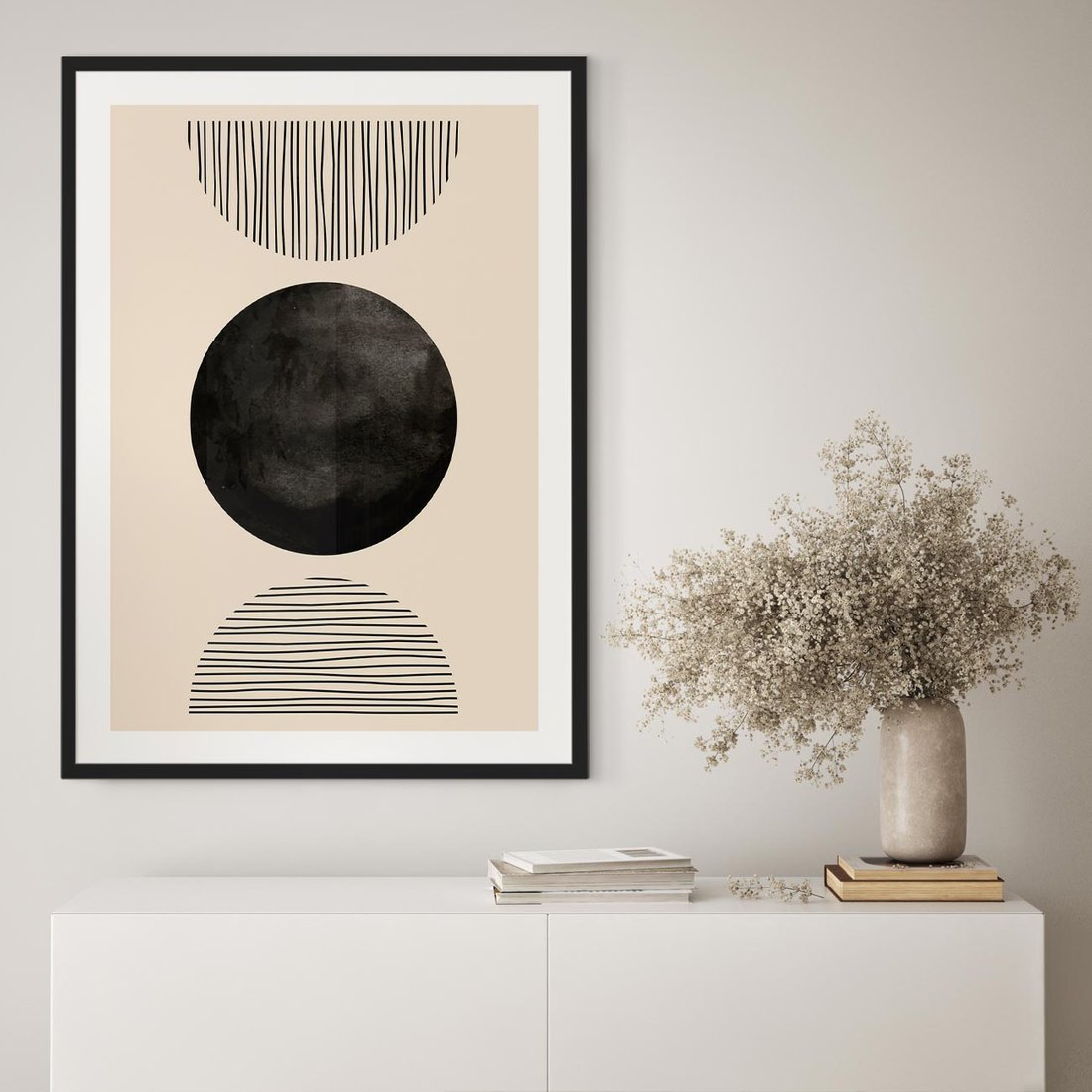 Plakat w ramie 40x50 - Minimalizm w Kształtach - geometryczny graficzny obraz, czarne koło - rama czarna