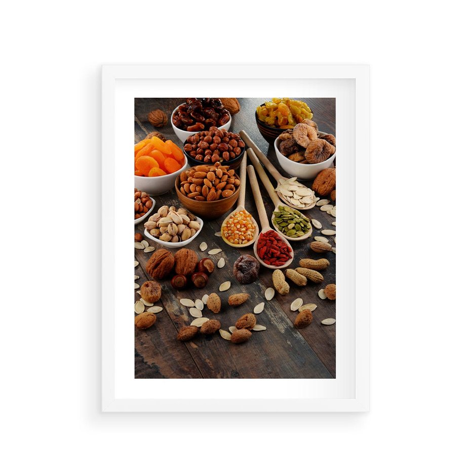 Plakat w ramie 30x40 - Szlachetne smaki kuchni - nasiona, bakalie - rama biała