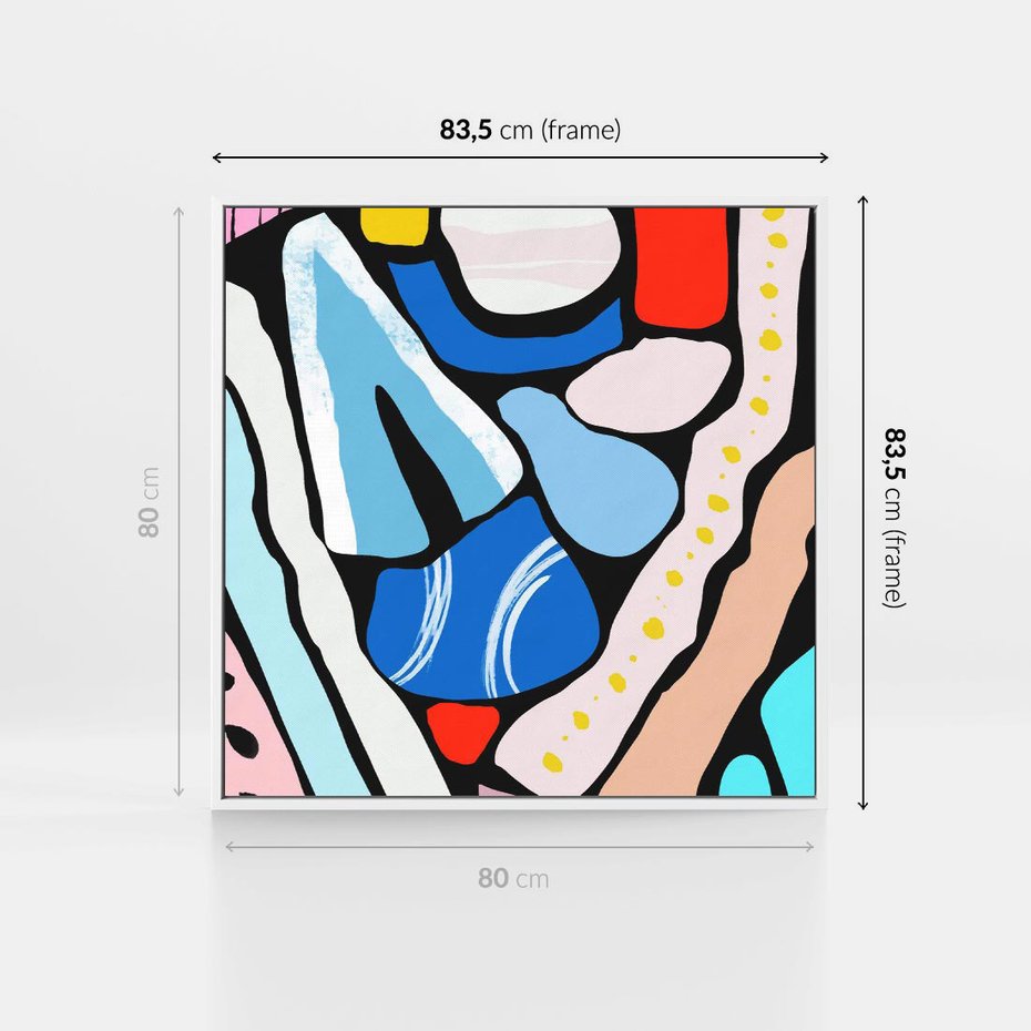 Obraz w ramie 80x80 - Kolory Na Czerni - abstrakcyjne formy, komiksowy styl - rama biała