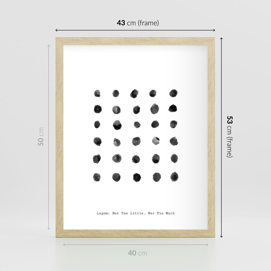 Plakat w ramie 40x50 - Boho Sztuka Wolości - minimalistyczny plakat, czarne kropki na białymtle - rama drewno