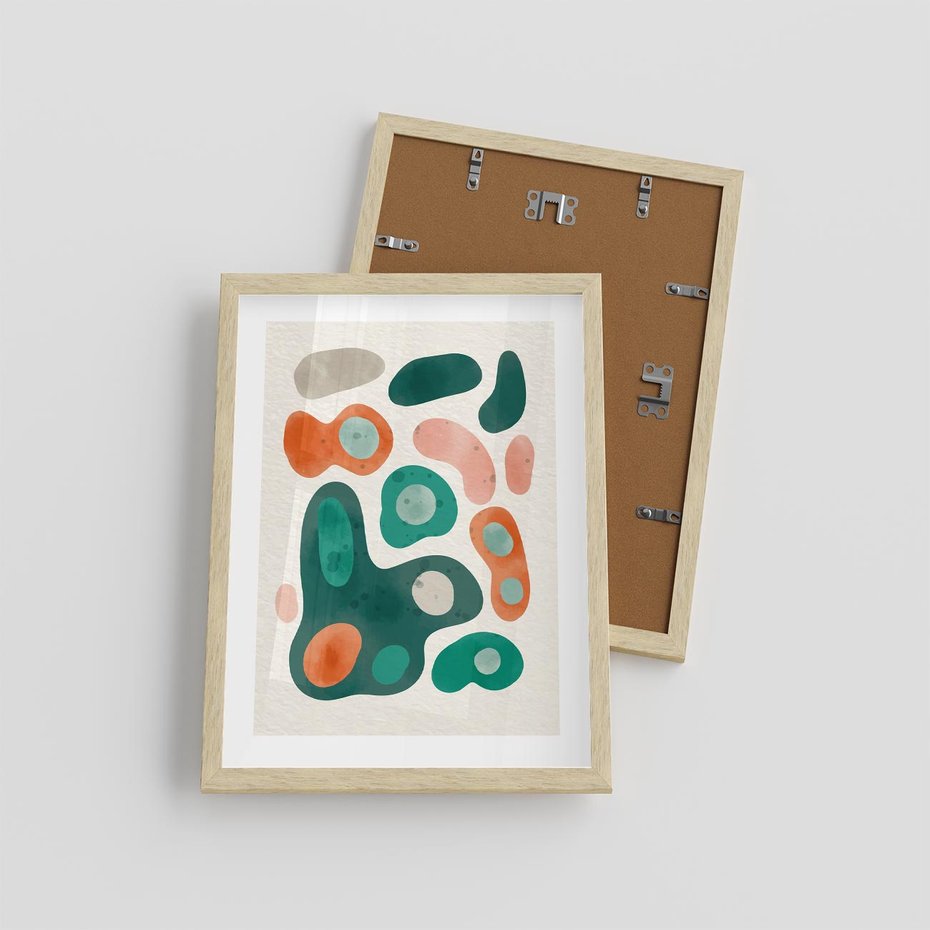 Plakat w ramie 30x40 - Kolorowe Przenikanie - przypadkowe abstrakcyjne plamy, pomarańczowy i zielony - rama drewno