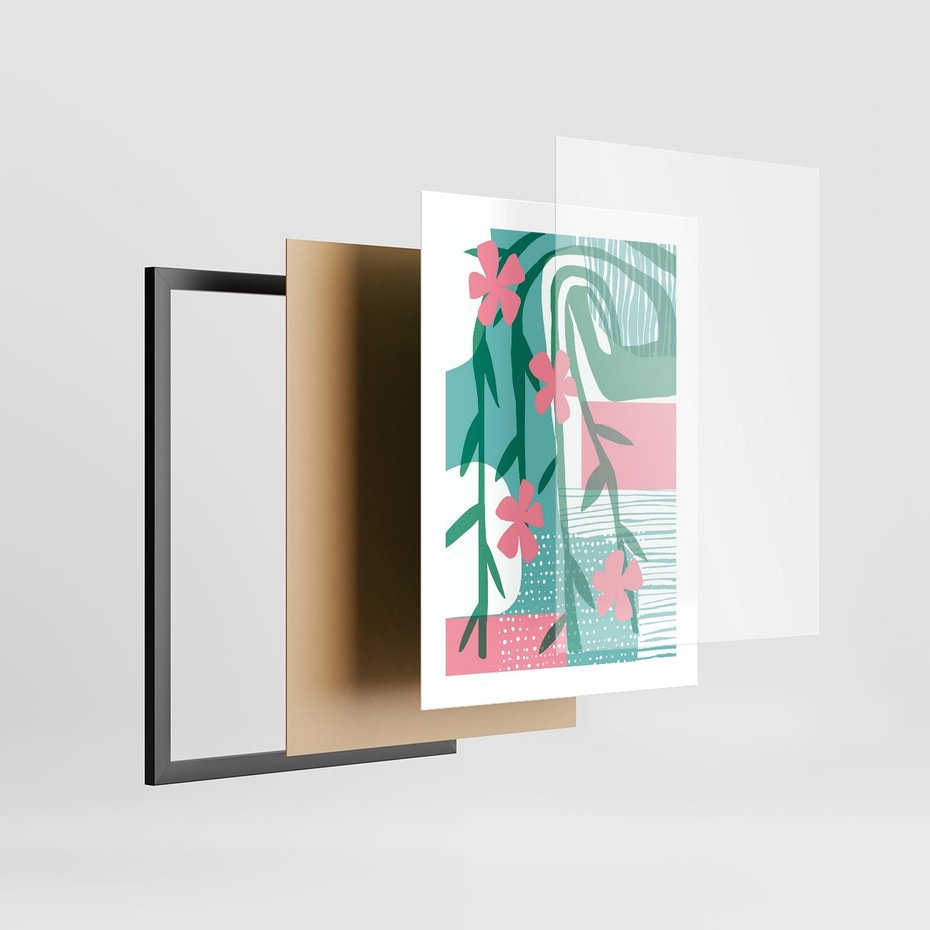 Plakat w ramie 30x40 - Rozkwitające Harmonie Form - abstrakcyjne pastelowe kwiaty, nowoczesna sztuka - rama czarna