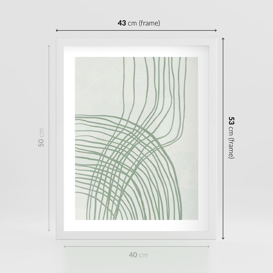 Plakat w ramie 40x50 - Migotliwa Spokojna Zieleń - zielony plakat, abstrakcyjne splątane linie - rama biała