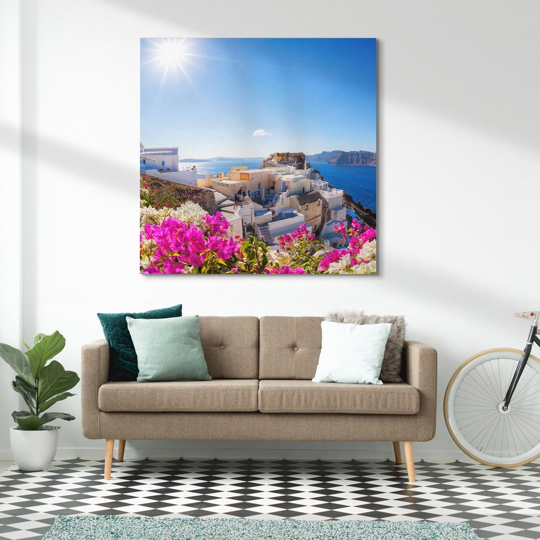 Obraz na płótnie 50x50 - Błękit morza i białe domy - Santorini, Grecja