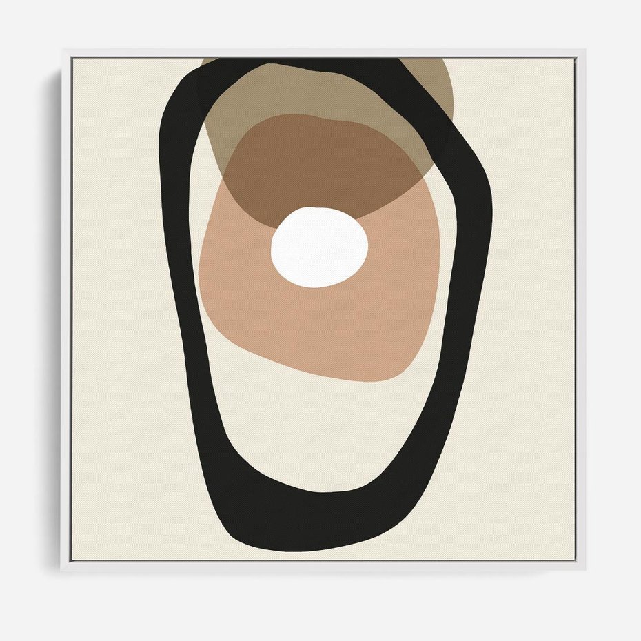 Obraz w ramie 50x50 - Intrygujące Zaskoczenia - beżowa abstrakcyjna kompozycja, czarny akcent - rama biała