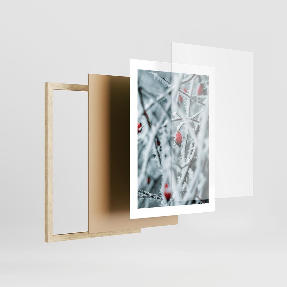 Plakat w ramie 30x40 - Zima na Gałęziach - zima, oszronione gałęzie - rama drewno