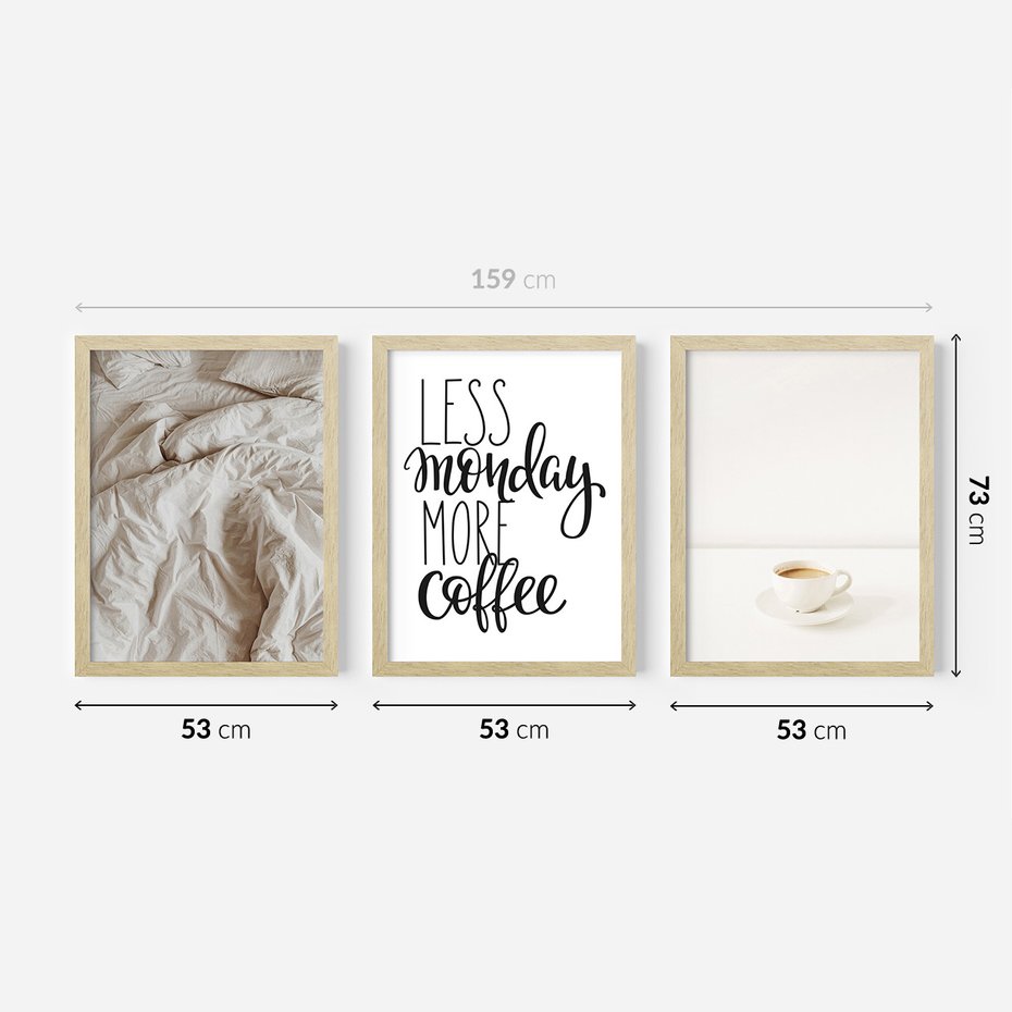 Zestaw obrazy w ramie 50x70 galeria - Kawa, łóżko, pościel, minimalizm - rama drewno