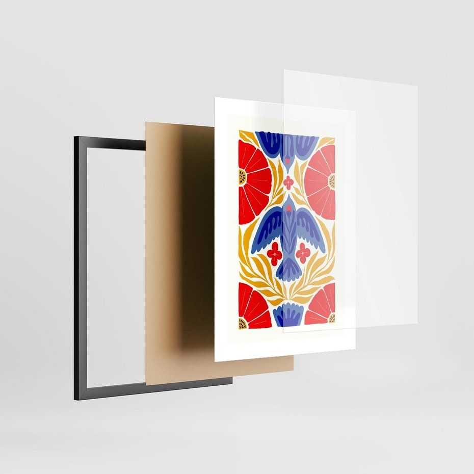 Plakat w ramie 30x40 - Eklektyczny Majestat - wyrazista grafika, mocne kolory czerwień niebieski żółty - rama czarna