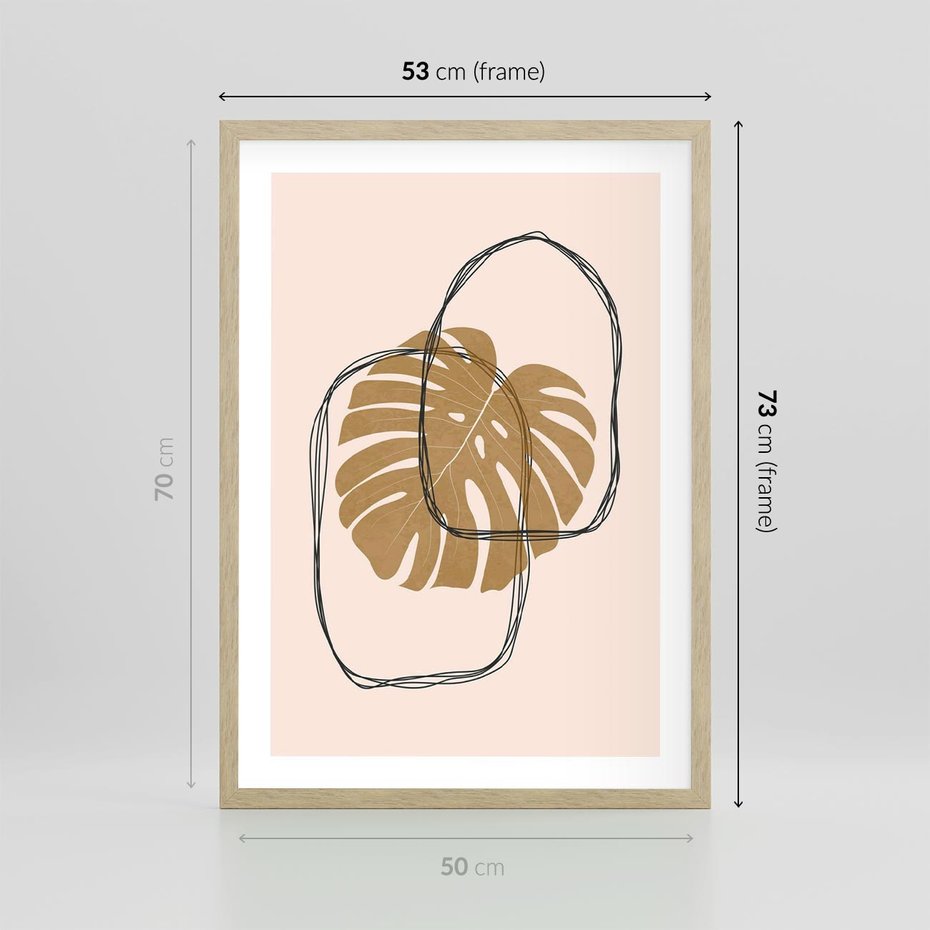 Plakat w ramie 50x70 - Liście w Beżowym Minimalizmie - minimalistyczny obraz, liście monstery - rama drewno