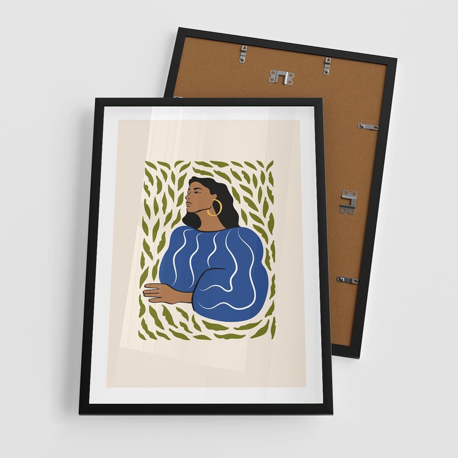 Plakat w ramie 50x70 - Rozbite Barwy - nowoczesny plakat, kobieta otoczona liśćmi - rama czarna