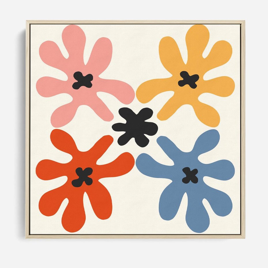 Obraz w ramie 80x80 - Taniec Akwareli - abstrakcyjne wielokolorowe kwiaty, minimalizm - rama drewno