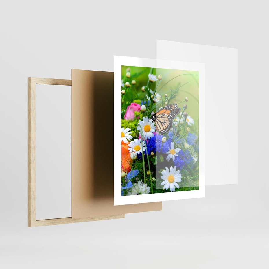 Plakat w ramie 40x50 - Kwiatowy Taniec - motyl, kwiaty - rama drewno