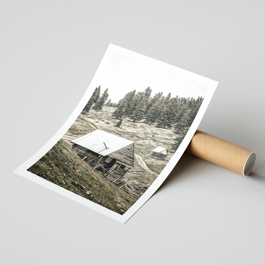 Plakat bez ramy 30x40 - Ustronne Chatki w Górach - rustykalne domki w górach, sepia