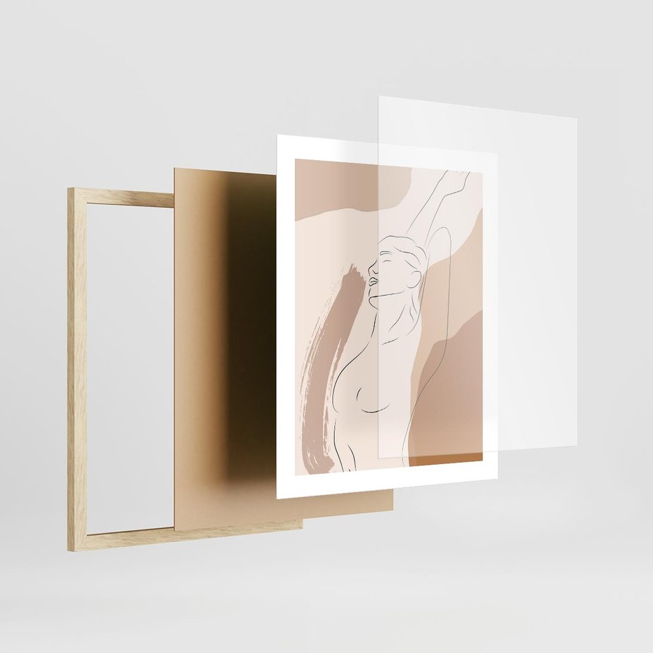 Plakat w ramie 40x50 - Sztuka Nagiej Formy - szkic nagiej kobiety, kolory beżowe - rama drewno