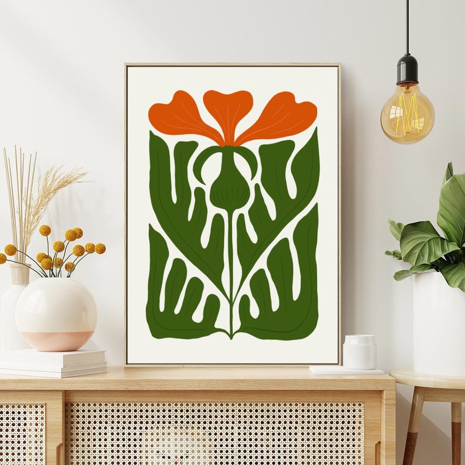 Obraz w ramie 80x120 - Minimalistyczny Urok Kwiatu - kwiat, sztuka nowoczesna - rama drewno