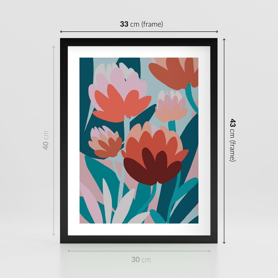 Plakat w ramie 30x40 - Symfonia Kwiatów - abstrakcyjna kompozycja kwiatowych form, kolor zgaszone - rama czarna