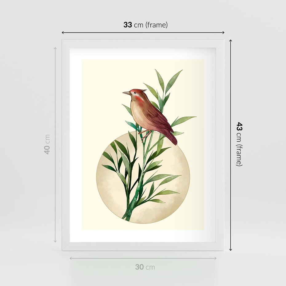 Plakat w ramie 30x40 - Rozkwitająca Delikatność - japońska sztuka, ptak - rama biała