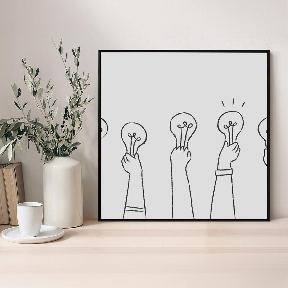 Obraz w ramie 50x50 - Idea w Rękach - szkic, grafika - rama czarna