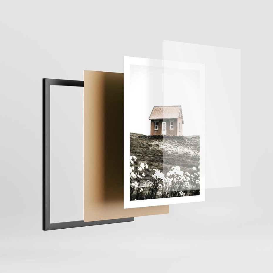 Plakat w ramie 50x70 - Krajobraz z Przeszłości: Kwitnąca Łąka w Sepii - domek na wzgórzu, kwitnąca łąka - rama czarna