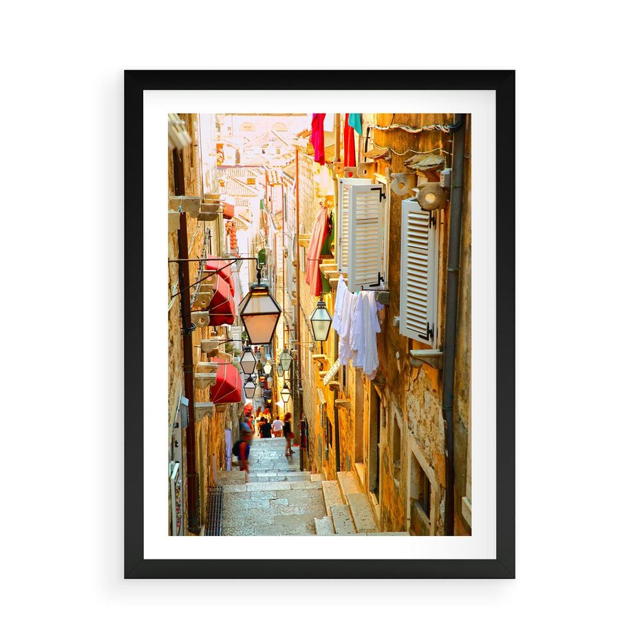 Plakat w ramie 50x70 - Odkryj tajemnice miasta - uliczka, perspektywa - rama czarna