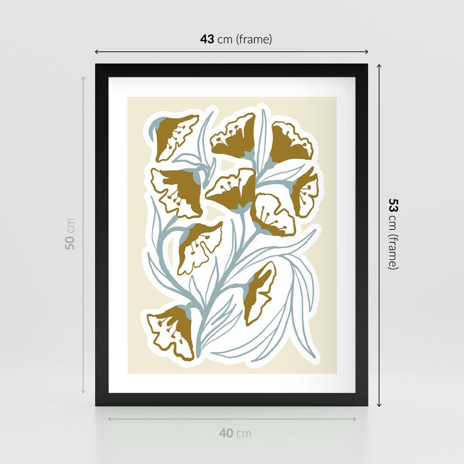 Plakat w ramie 40x50 - Wibracje Widzenia - abstrakcyjne beżowe kwiaty, elegancka kompozycja - rama czarna