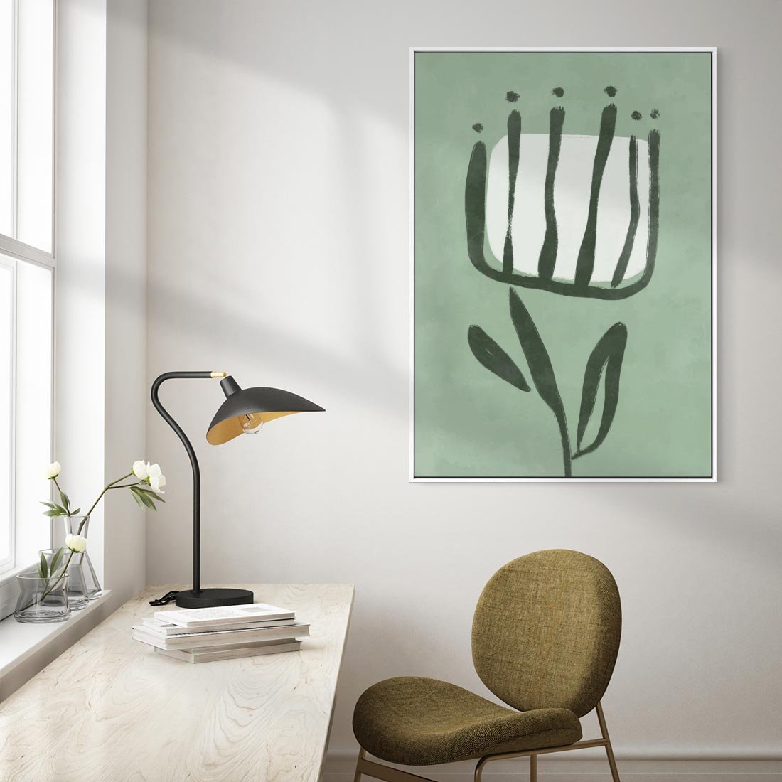 Obraz w ramie 50x70 - Objęcia Zieleni - zielona abstrakcja, zgaszona zieleń - rama biała