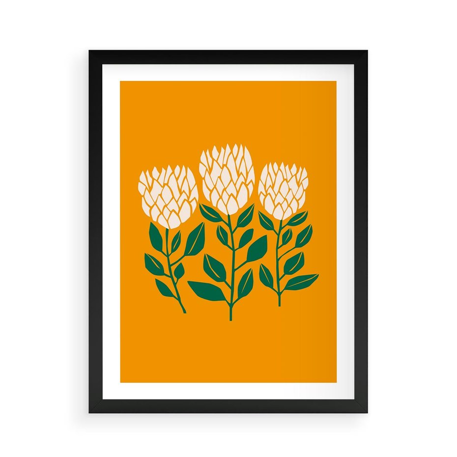 Plakat w ramie 50x70 - Kolorowe Impresje - abstrakcyjna kwiatowa kompozycja, żółte mocne tło - rama czarna