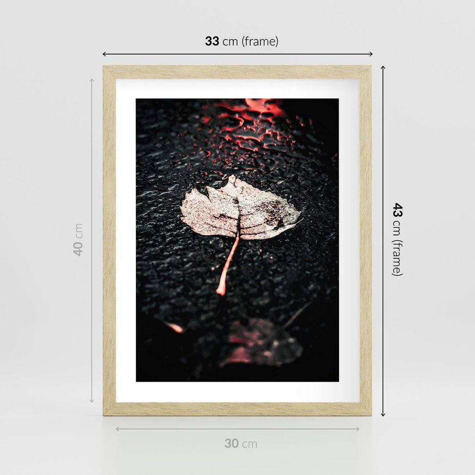Plakat w ramie 30x40 - Jesień w Detalu: Liść na Mokrej Drodze - liść, jesień - rama drewno