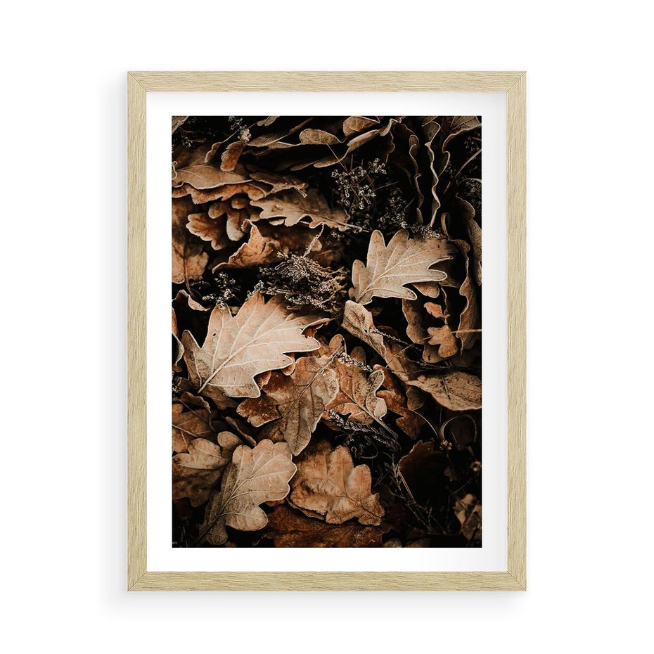 Plakat w ramie 50x70 - Jesienna Melodia: Liście i Szyszki - suche liście, szyszki - rama drewno