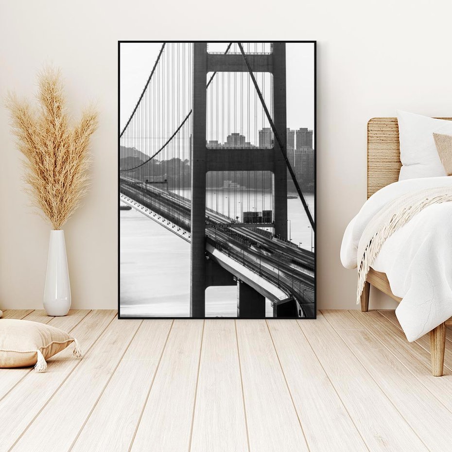 Obraz w ramie 70x100 - Ikona Miasta - most Nowy Jork, czarno biała fotografia - rama czarna