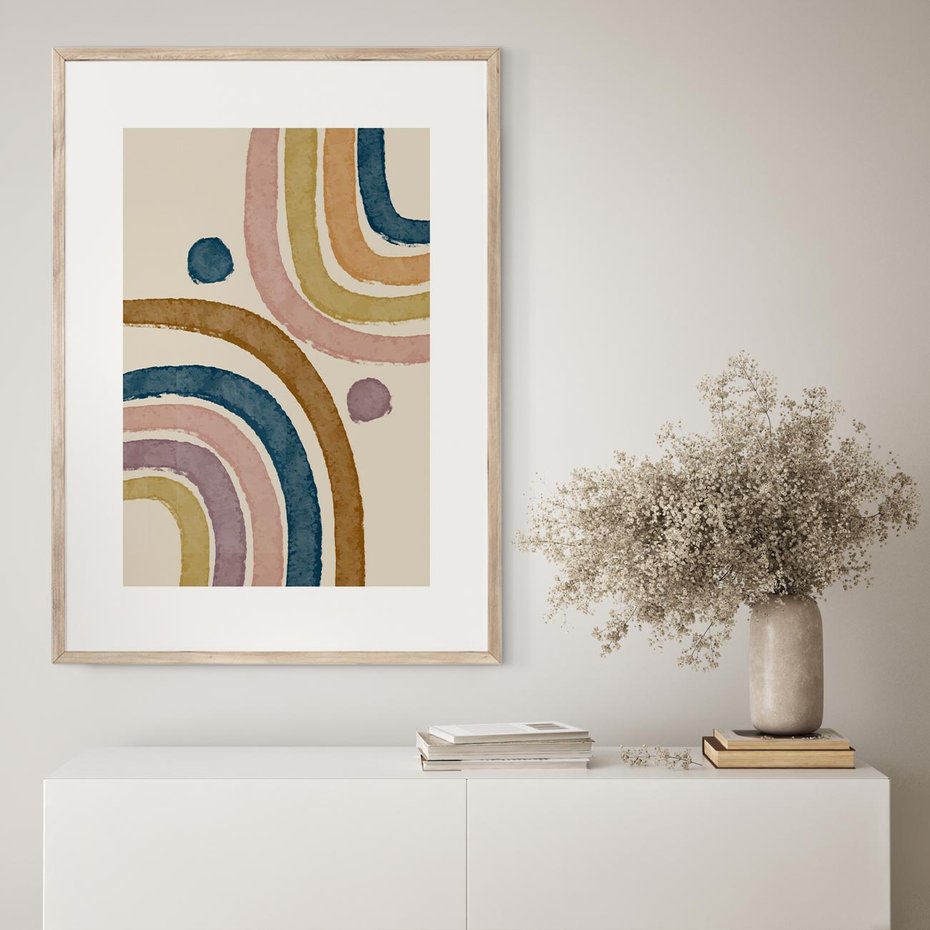 Plakat w ramie 50x70 - Kształtujące Inspiracje - abstrakcyjne tęcze, kompozycja - rama drewno
