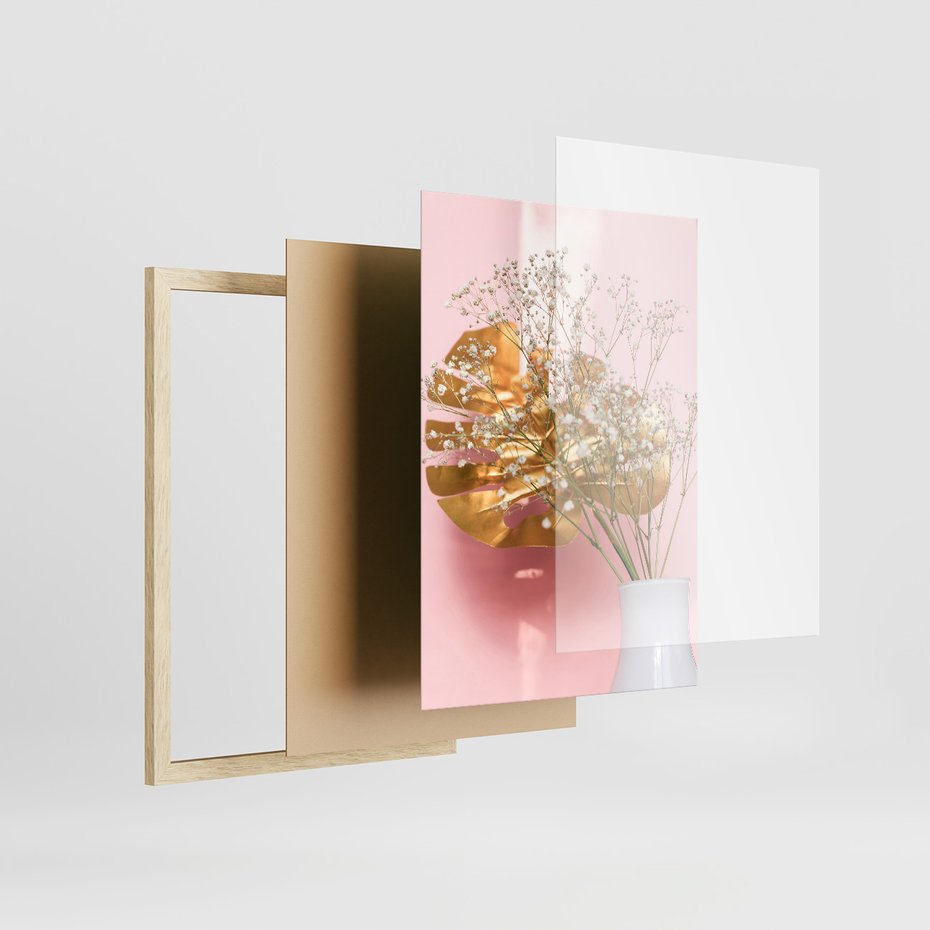 Zestaw obrazy w ramie 50x70 galeria - Złote, liście, monstera, kwiaty - rama drewno