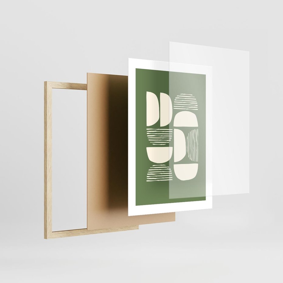 Plakat w ramie 30x40 - Migotliwe Formy - geometryczne boho kształty na brązowym, oliwkowym tle - rama drewno